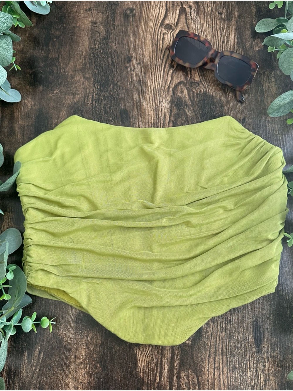 Ruched Strapless Crop Top in Chartreuse